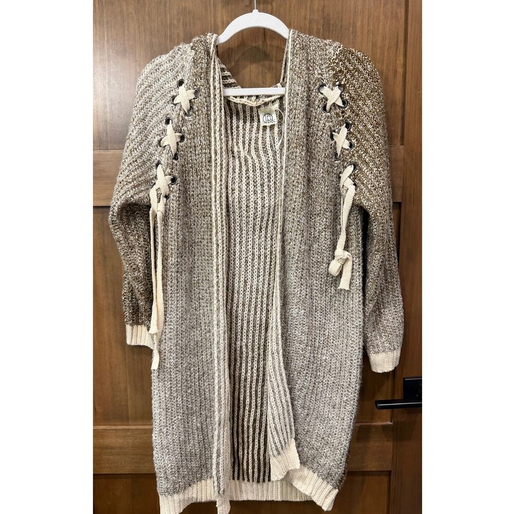 Original USA Hooded Cardigan Sweater Women S/M Beige Chunky Lace Up Knit